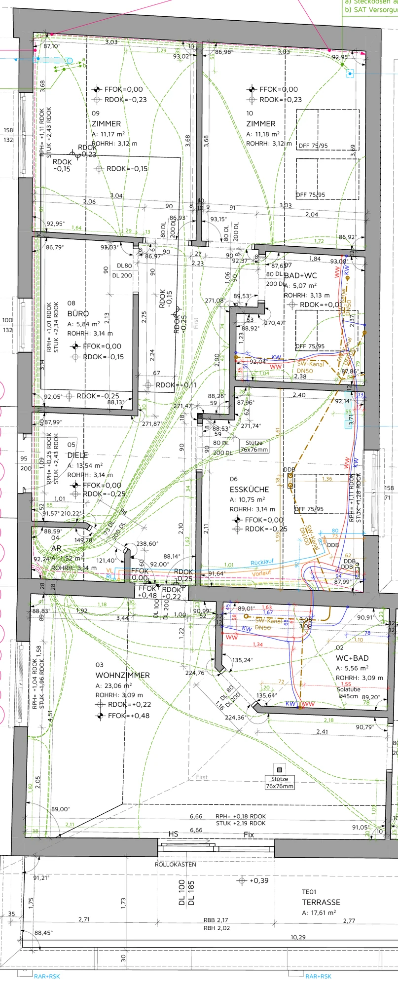 Installationsplan-Ausschnitt mit dokumentierten Leitungen